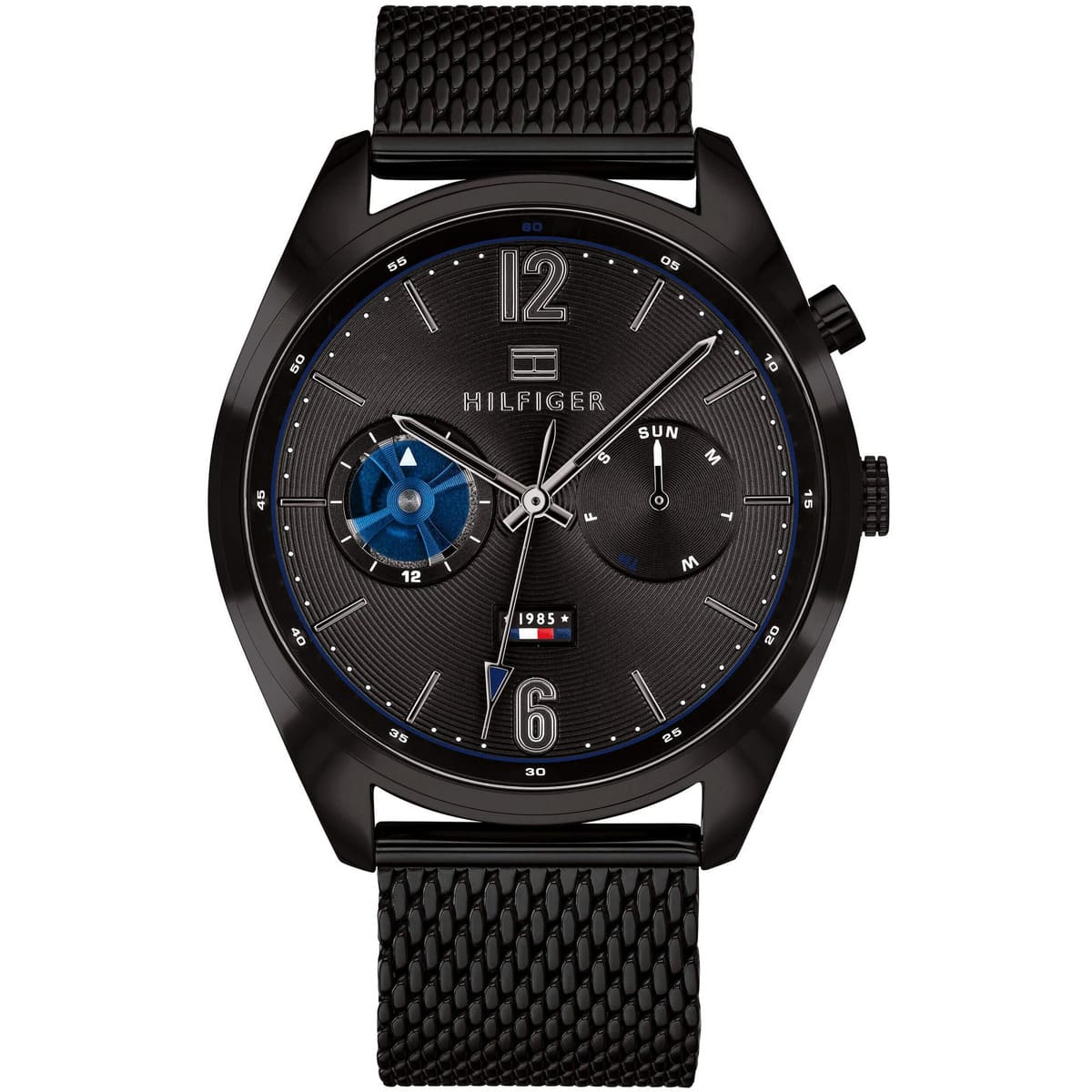 Tommy Hilfiger Deacan black dial men's watch with mesh strap and dual subdials