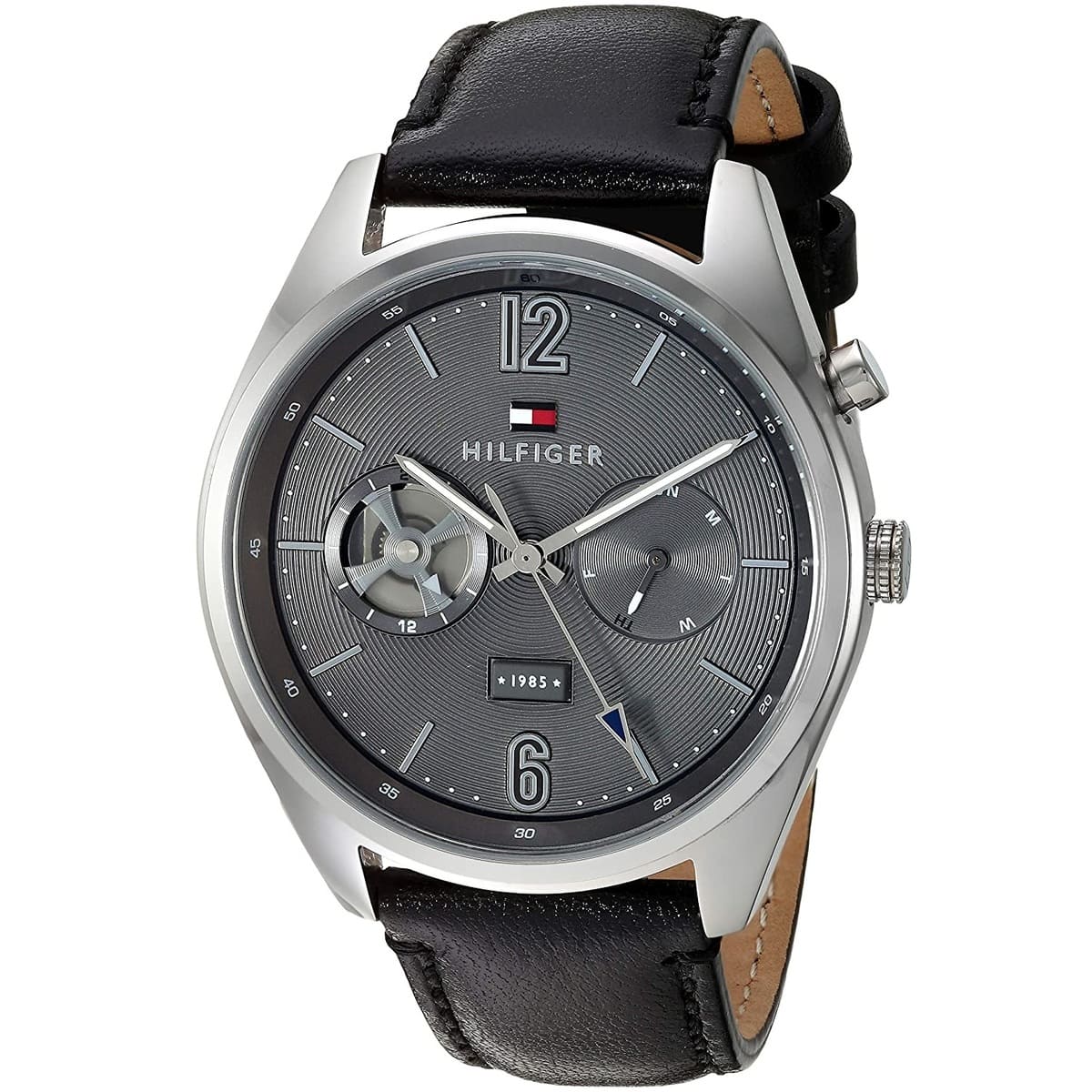 Tommy Hilfiger Deacan watch at angle showing grey dial and black leather strap
