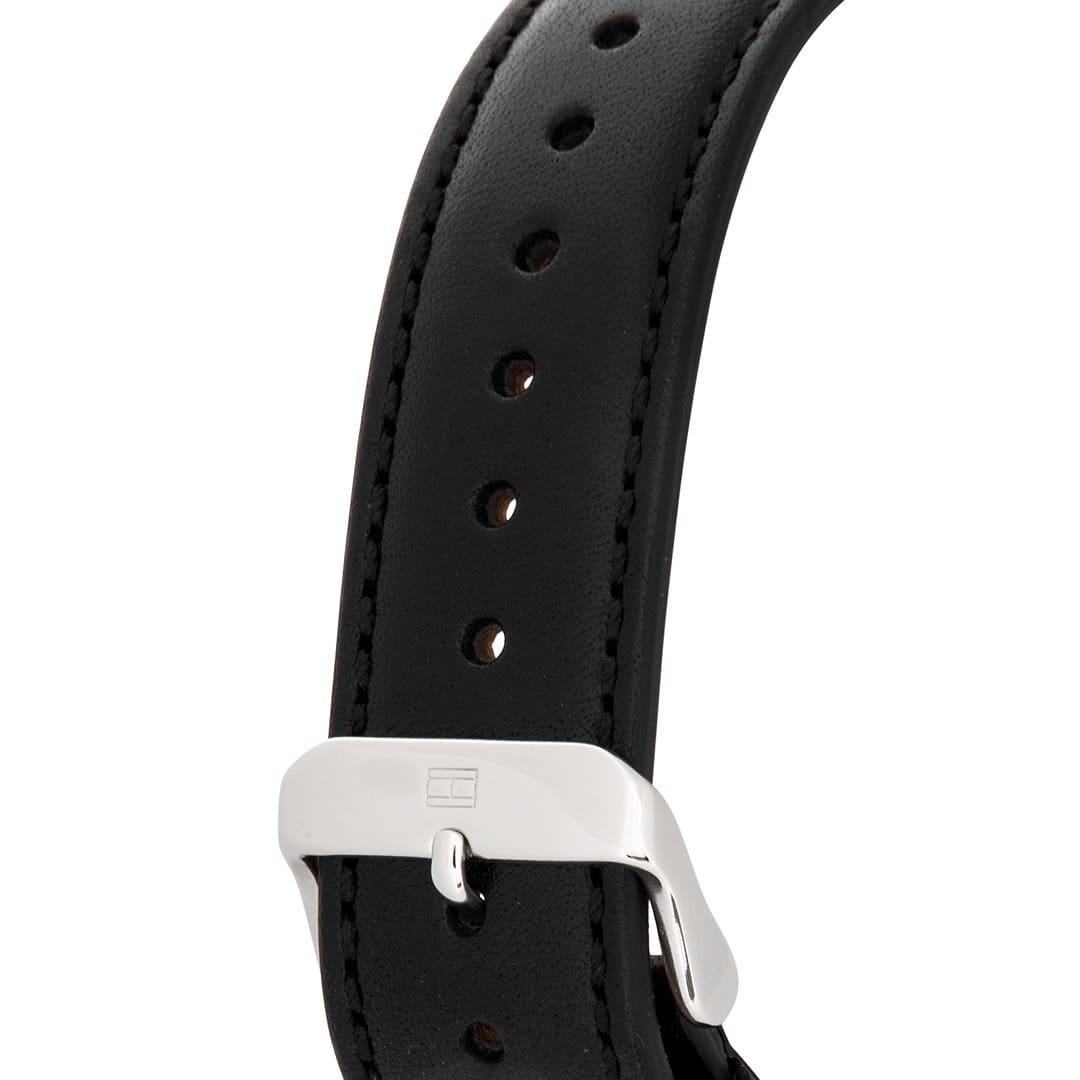Black leather strap detail with metal buckle on Tommy Hilfiger Deacan watch