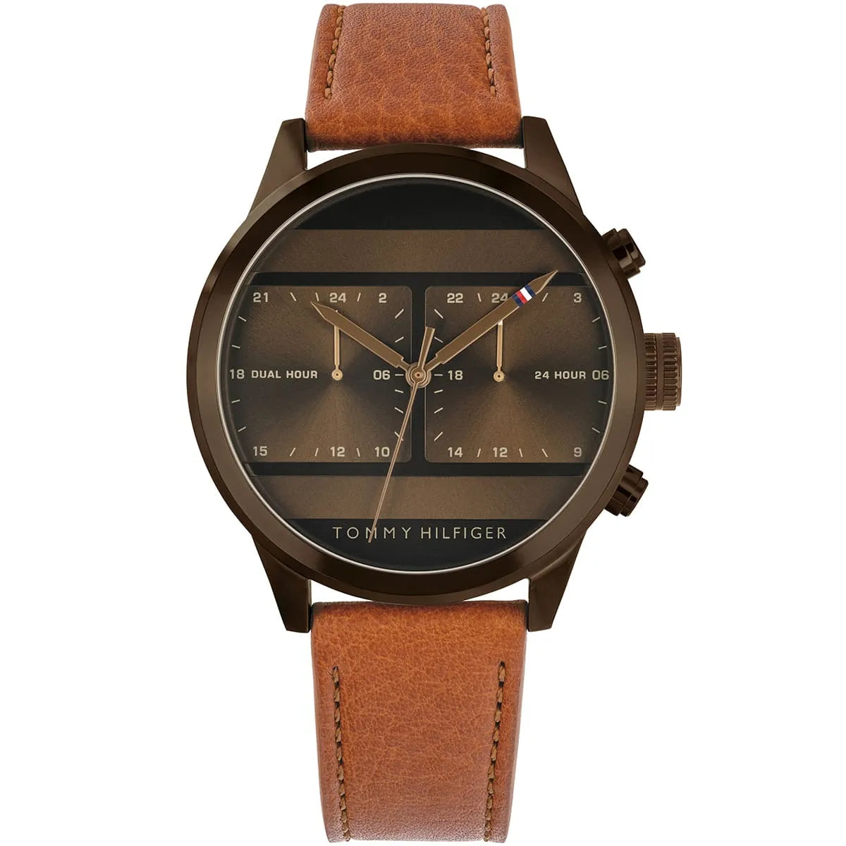 Tommy Hilfiger dual time brown dial men's watch with brown leather strap