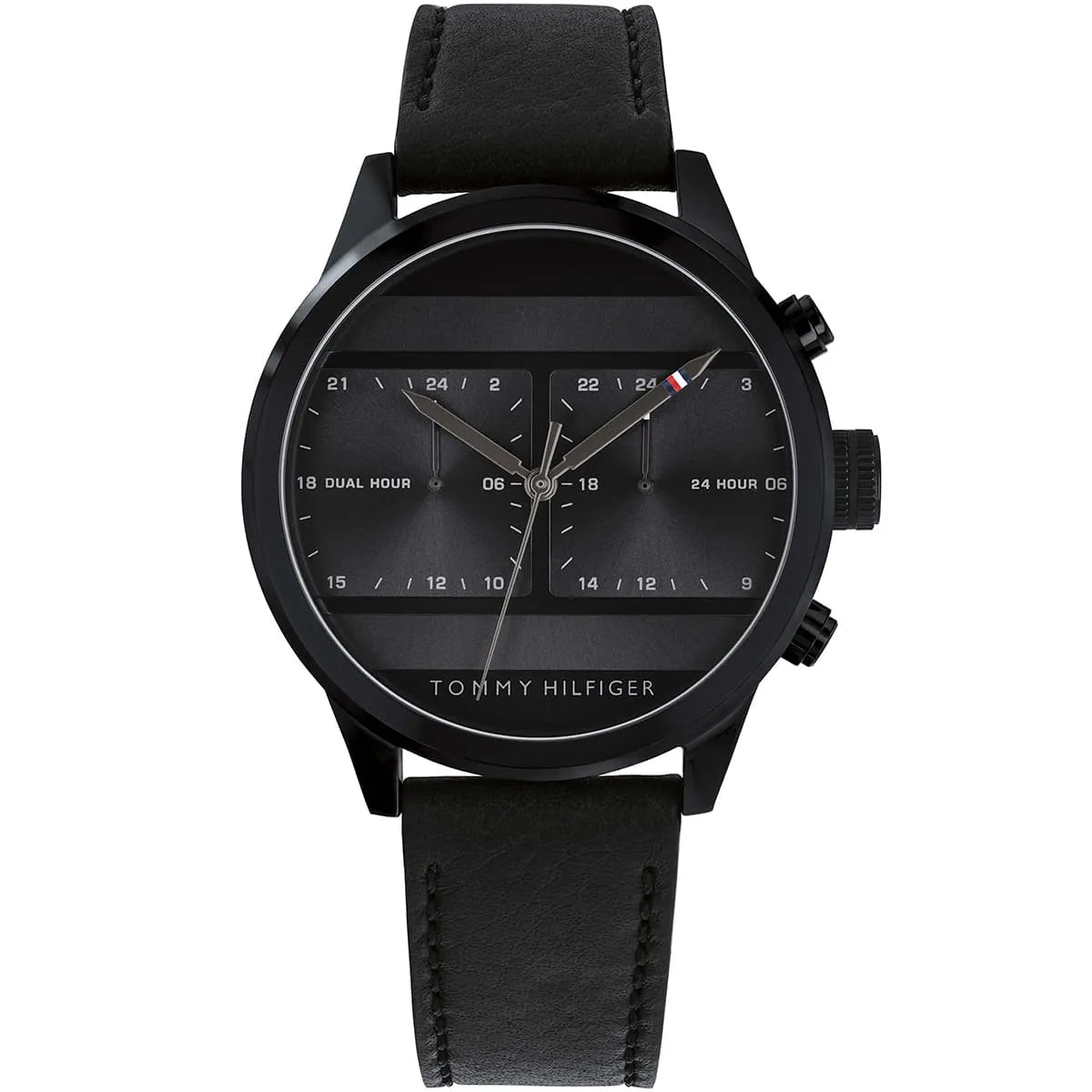 Tommy Hilfiger black dial watch with dual time display and black leather strap, front view