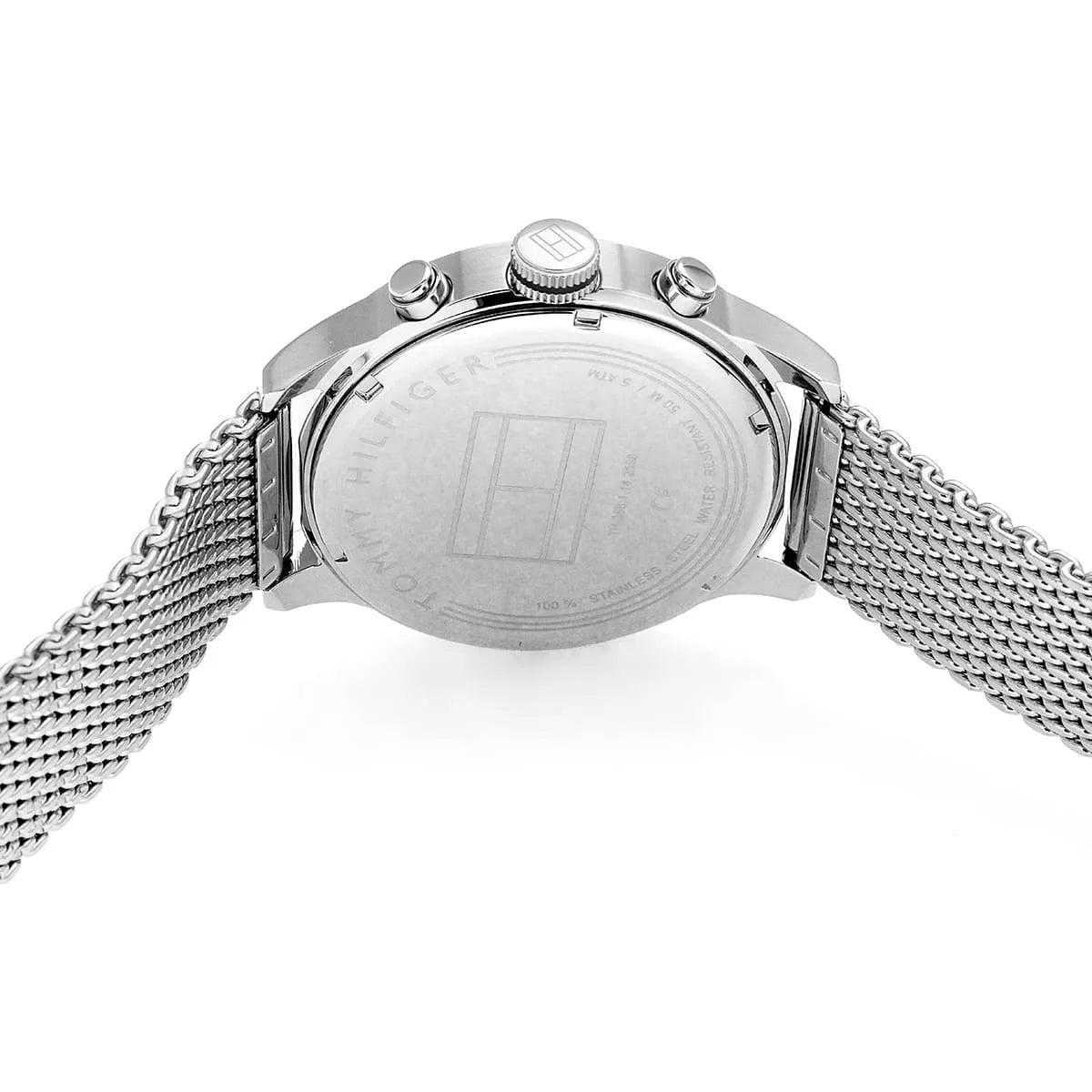 Stainless steel caseback of Tommy Hilfiger 1791596 watch with pushers