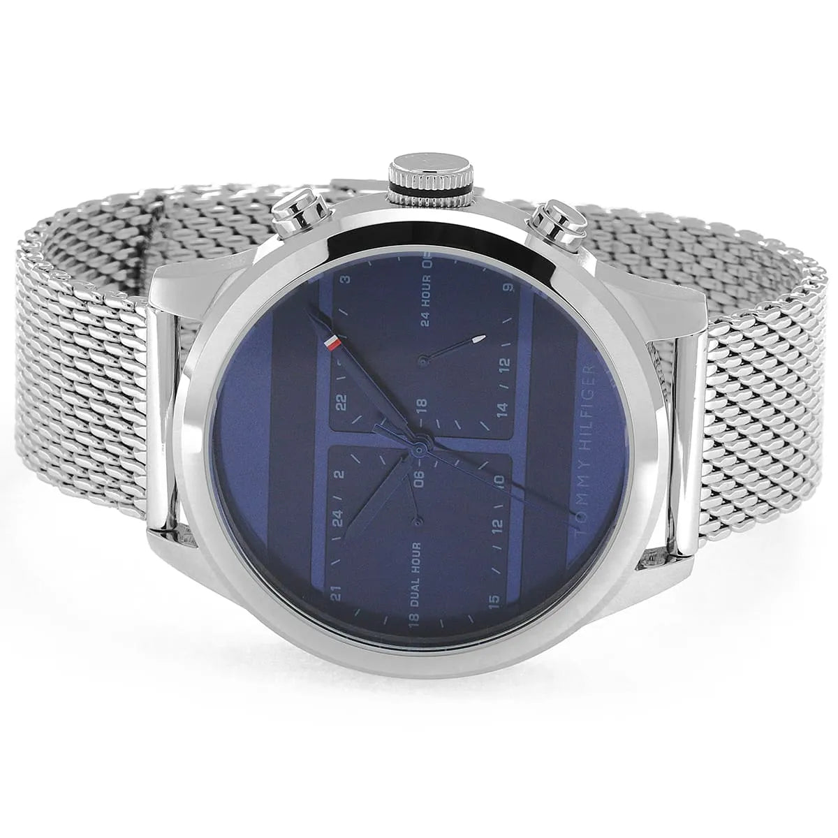 Tommy Hilfiger 1791596 blue dial watch front view with dual time display