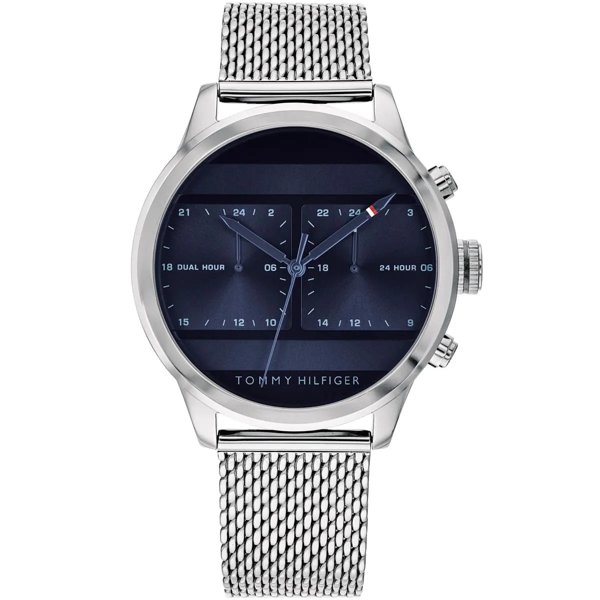 Tommy Hilfiger 1791596 dual time watch with blue dial and silver mesh strap