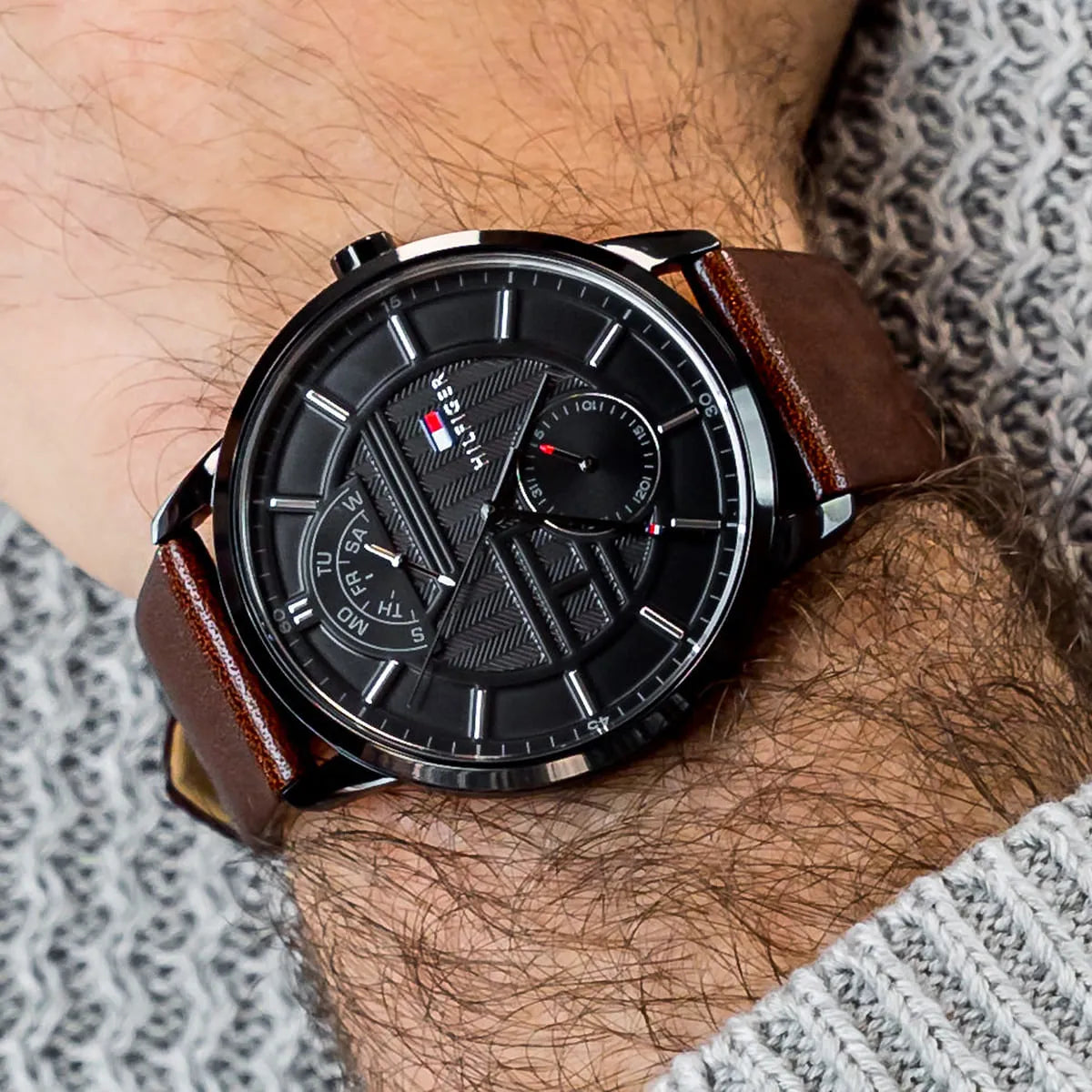 Tommy Hilfiger Hunter watch on wrist showing full dial and brown leather strap