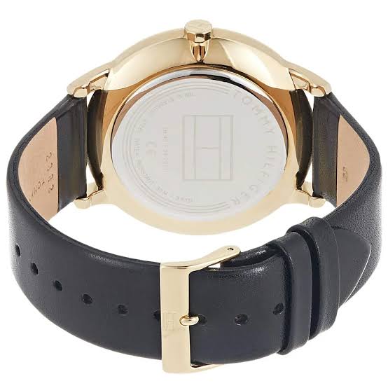 Tommy Hilfiger Hunter watch caseback showing gold-tone case and black leather strap