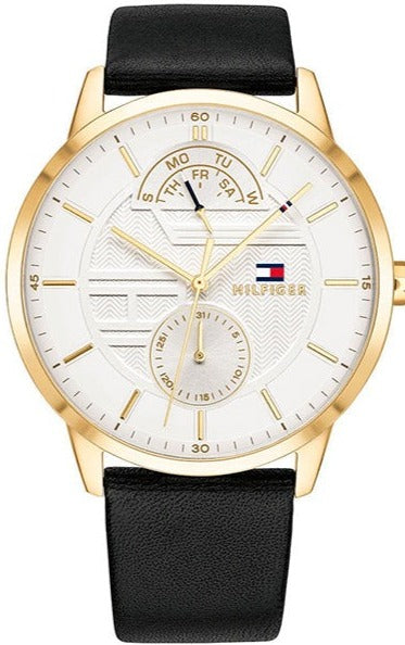 Tommy Hilfiger Hunter watch with white dial, gold-tone case, and black leather strap