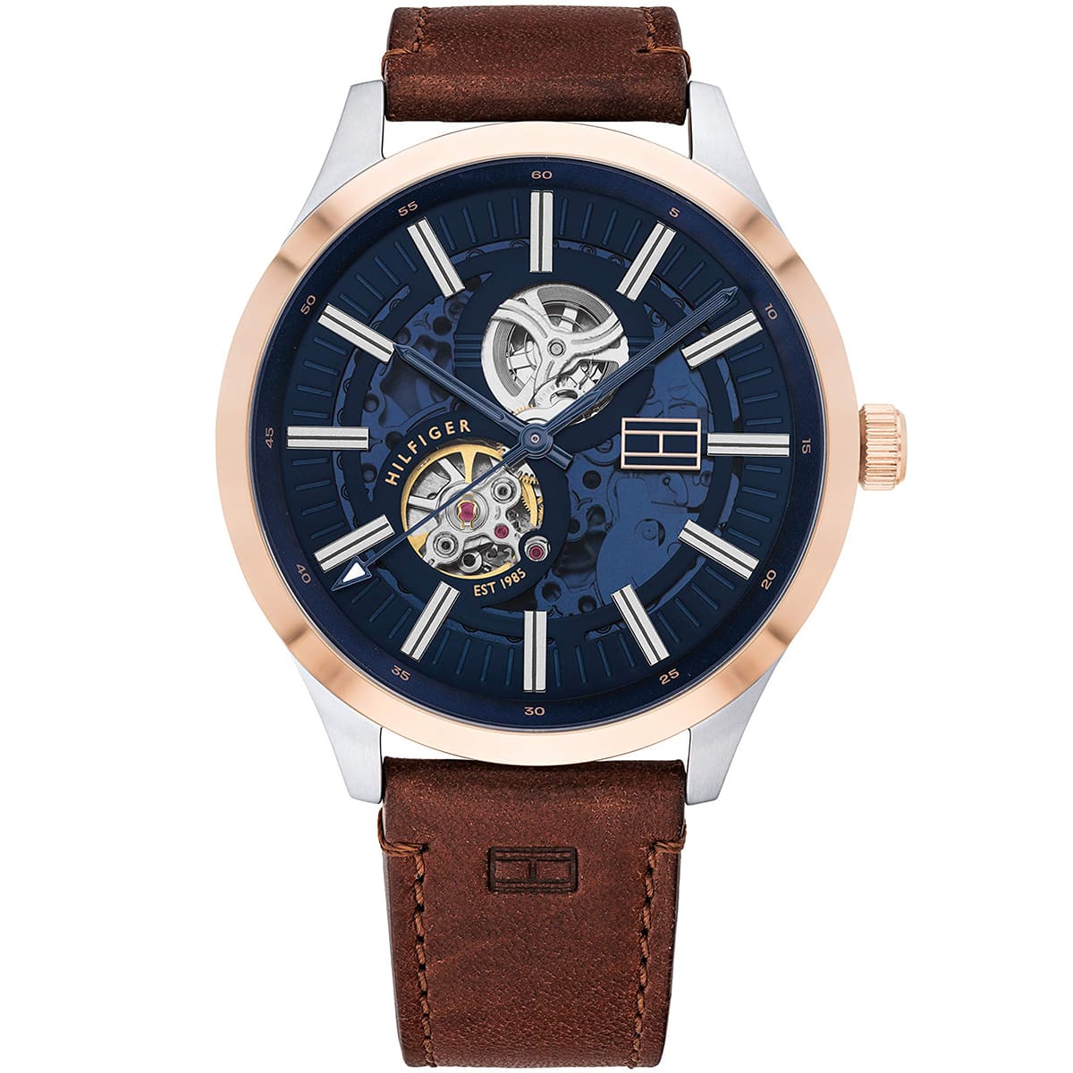 Tommy Hilfiger Spencer men's watch with blue dial, brown leather strap, and two-tone case