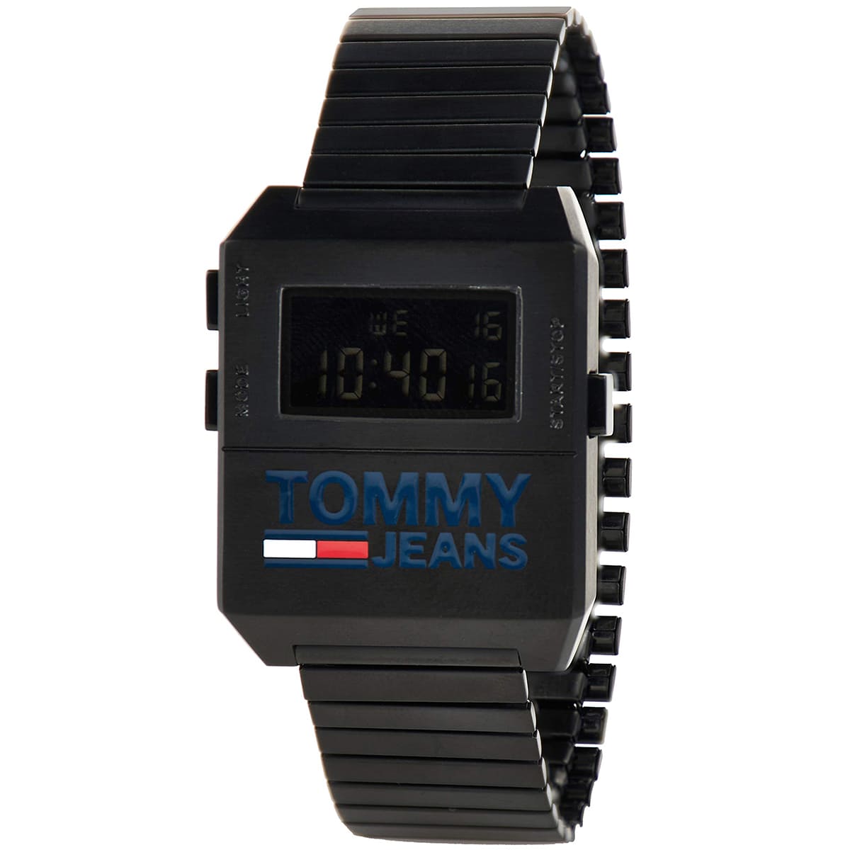 Tommy Hilfiger digital watch angled view showing black case and metal strap