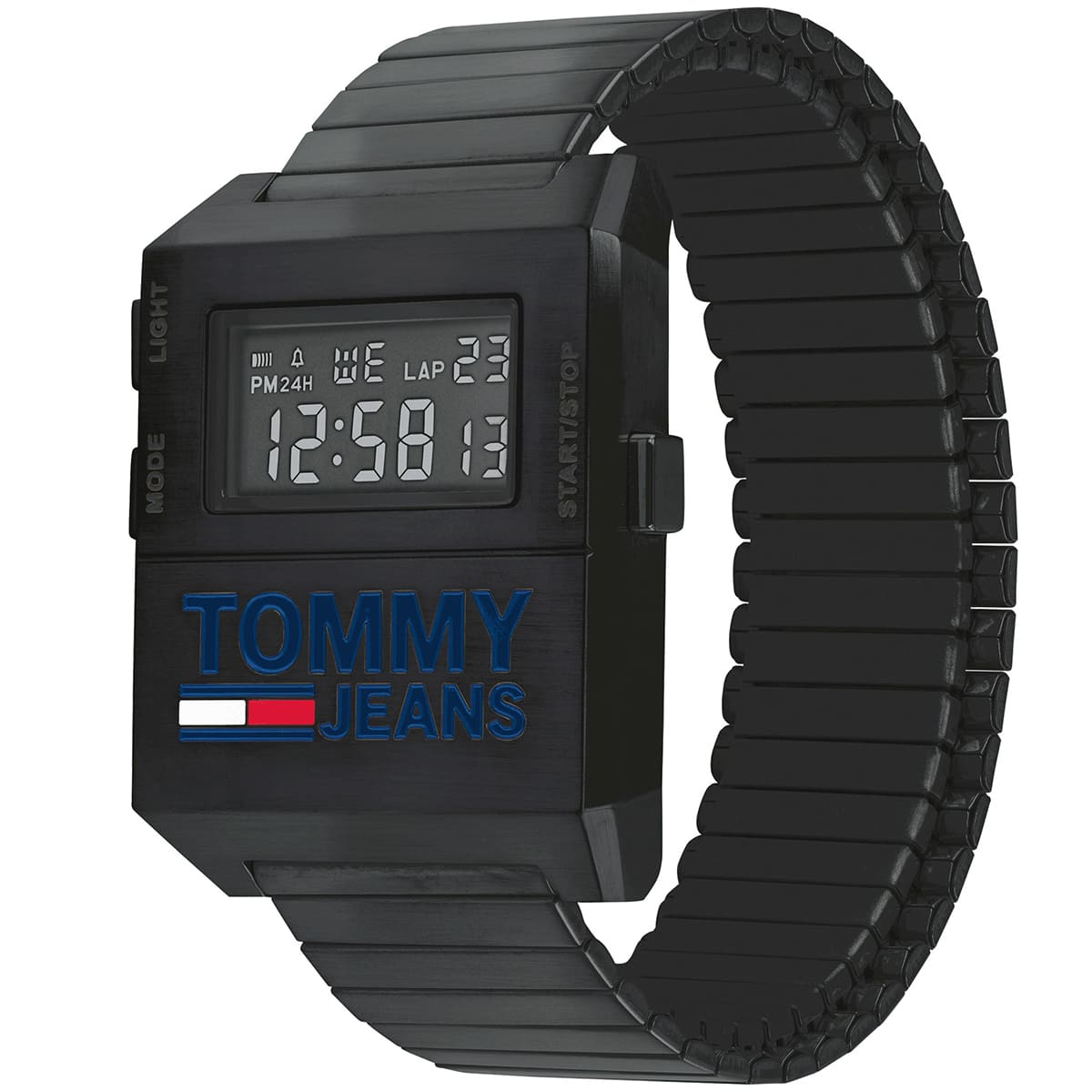 Tommy Hilfiger digital watch on wrist with black stainless steel bracelet