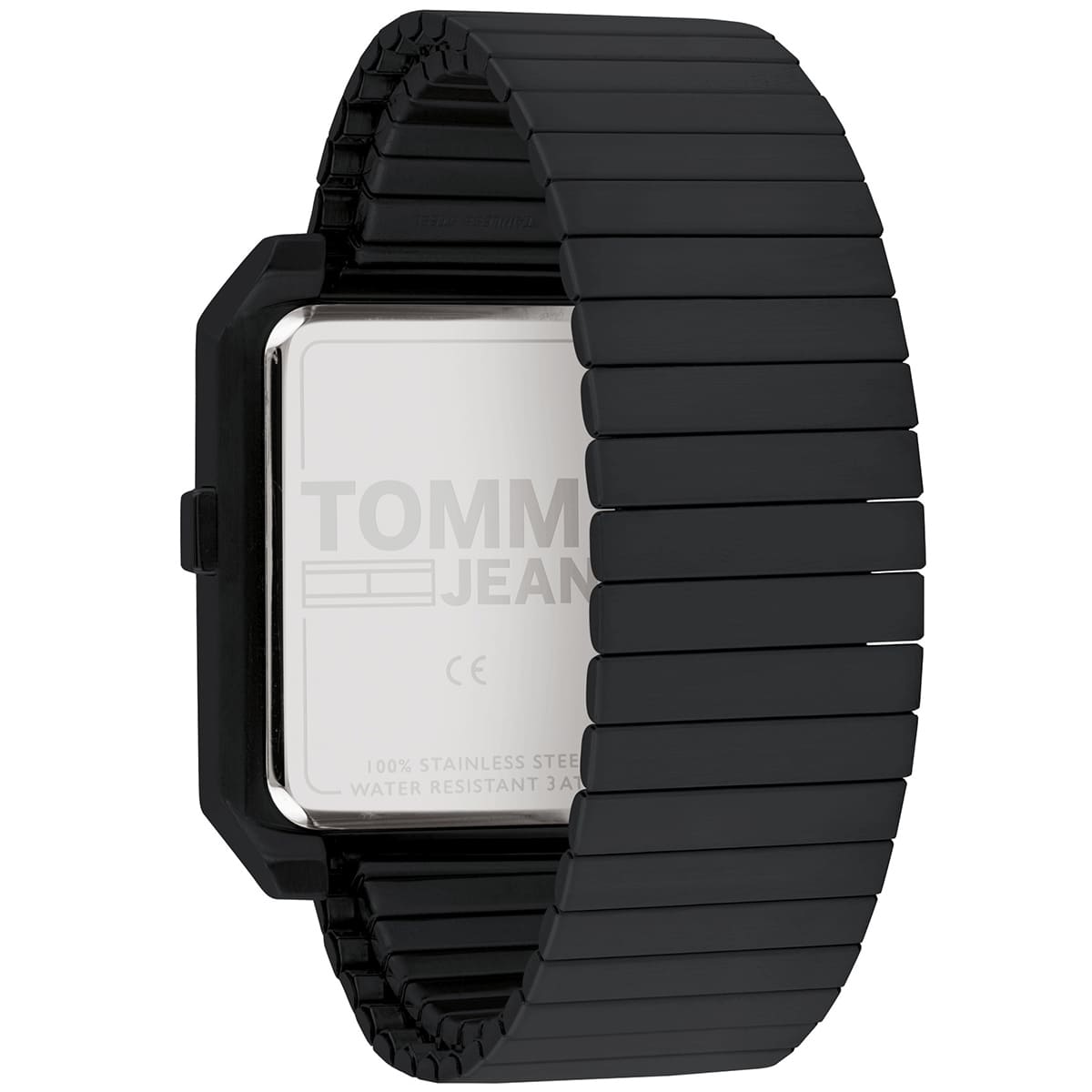 Side view of Tommy Hilfiger digital watch showing case thickness and strap