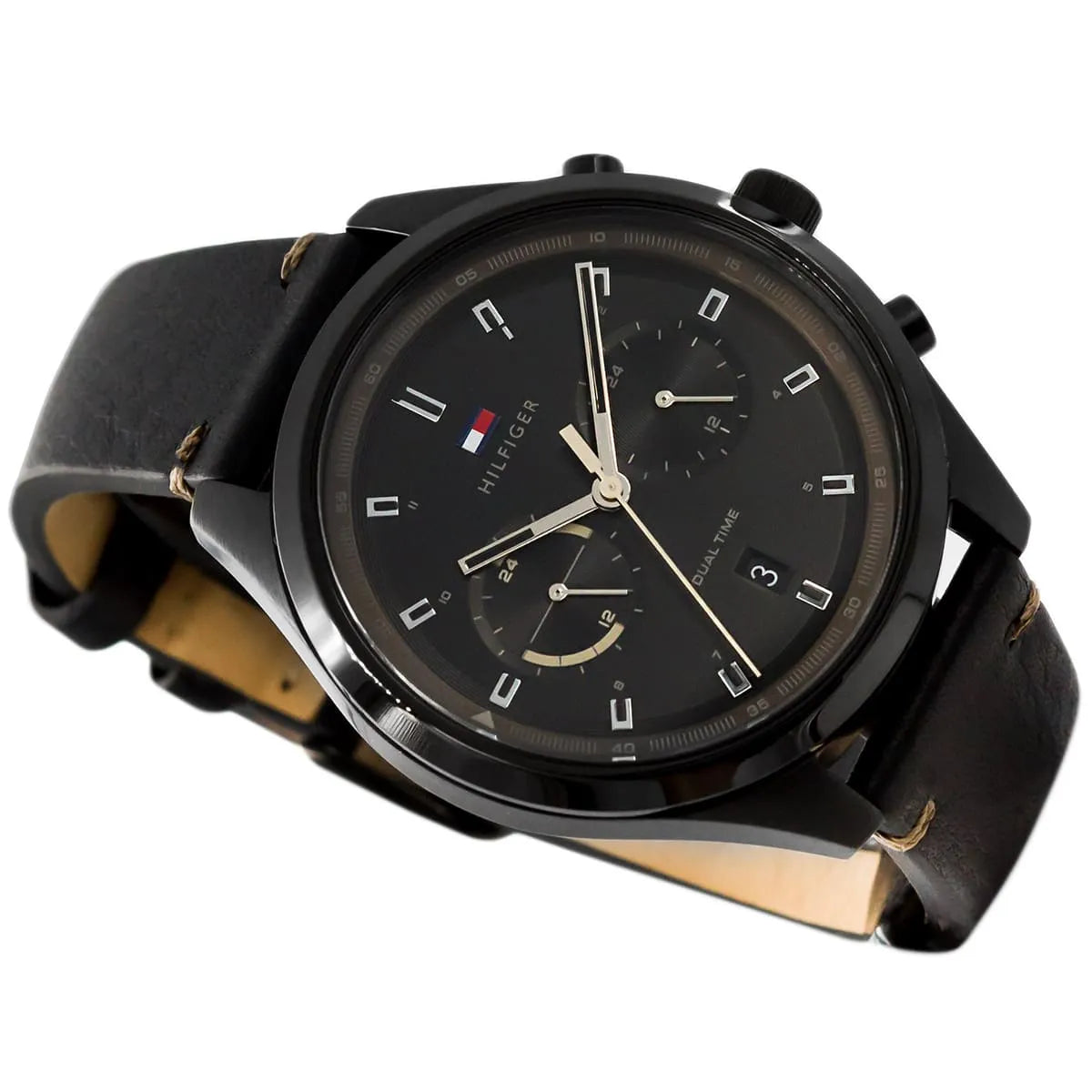 Tommy Hilfiger Bennett watch displayed flat on black strap on white background