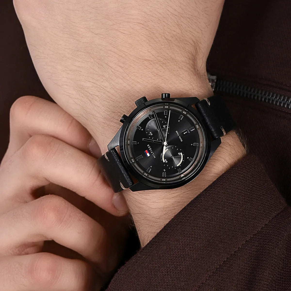 Tommy Hilfiger Bennett chronograph watch on wrist showing dial and strap detail