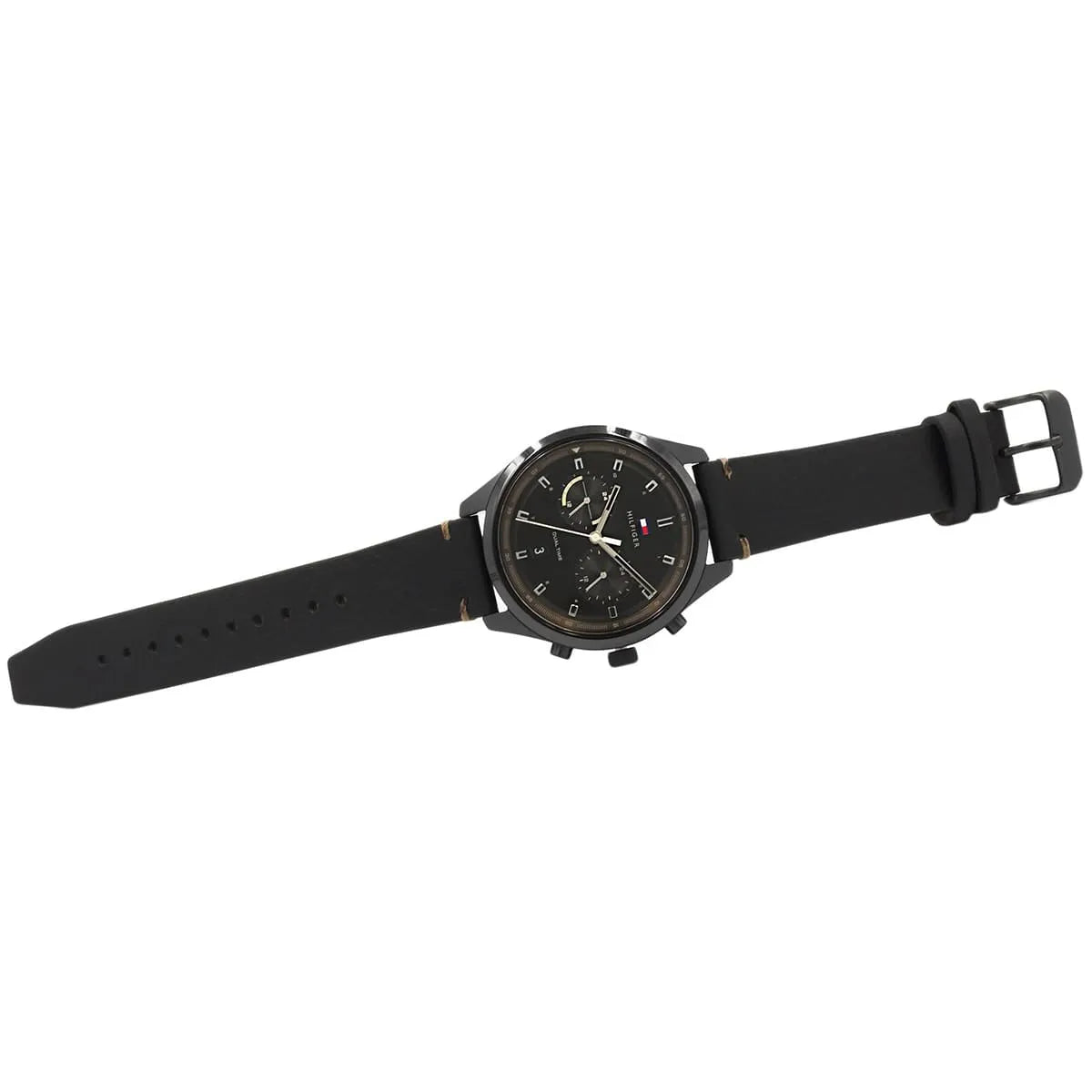 Tommy Hilfiger Bennett black leather strap with pin buckle closure and adjustment holes