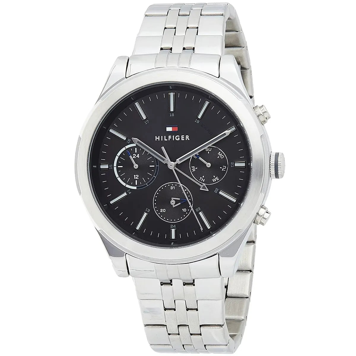 Tommy Hilfiger Ashton chronograph at angle showing grey dial with three subdials and steel bracelet