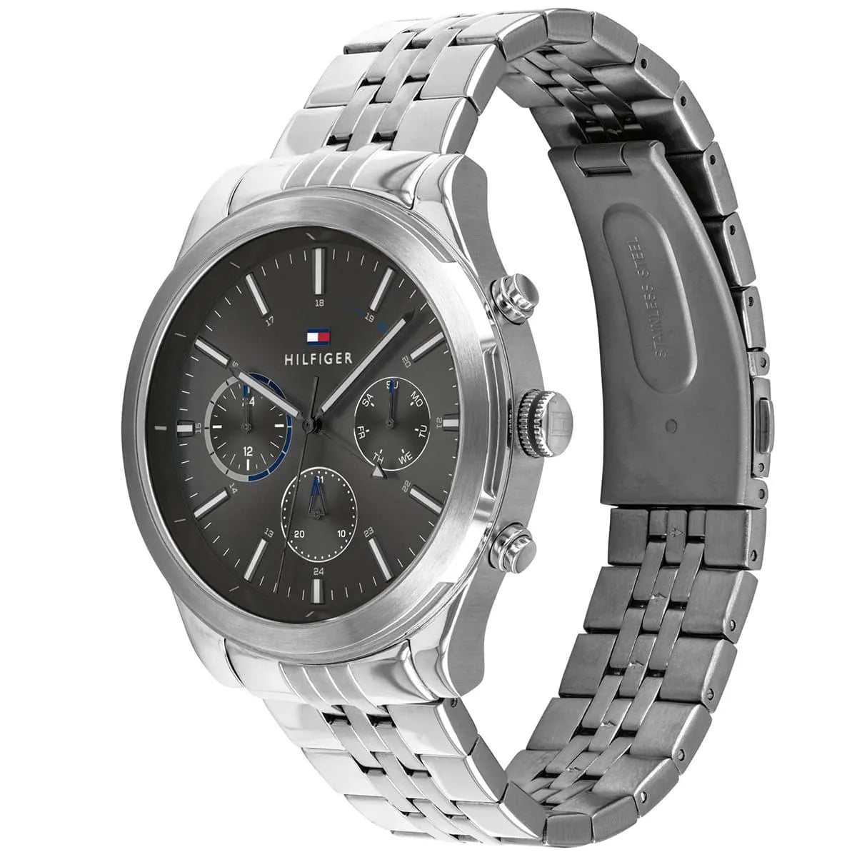Side view of Tommy Hilfiger Ashton chronograph showing grey dial and stainless steel bracelet