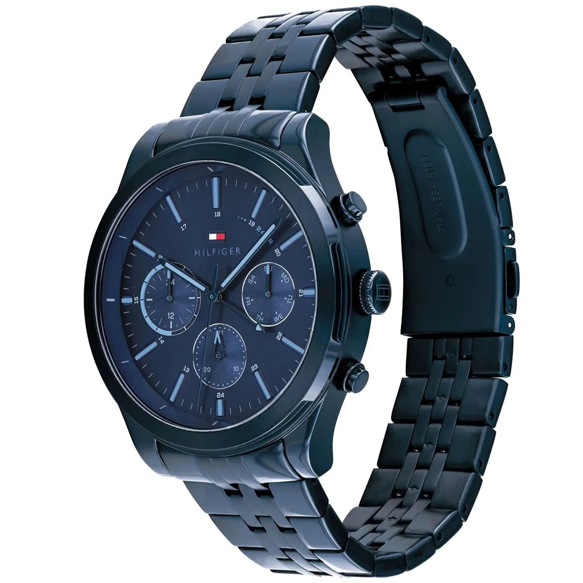 Tommy Hilfiger chronograph watch side view showing blue dial and metal bracelet