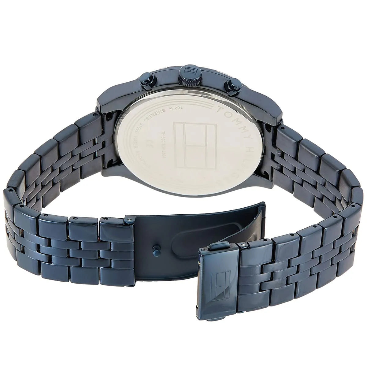 Tommy Hilfiger watch caseback showing stainless steel with engraved branding