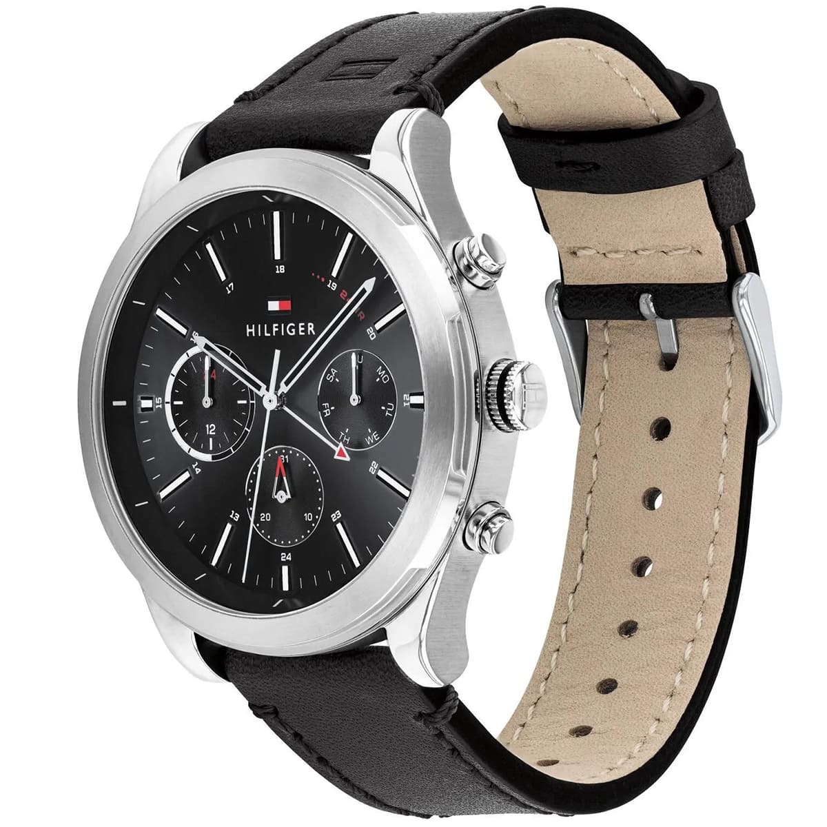 Tommy Hilfiger watch angled view showing black dial, silver case, and black leather strap with tan interior