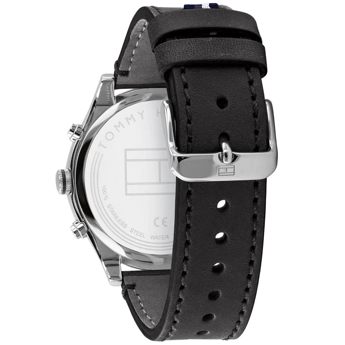 Tommy Hilfiger watch caseback showing stainless steel with engraved branding and water resistance marking
