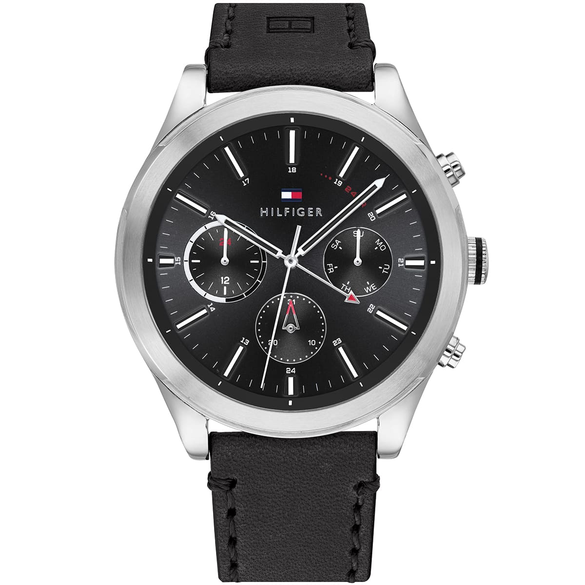 Tommy Hilfiger chronograph watch with black dial, silver case, three subdials, and black leather strap