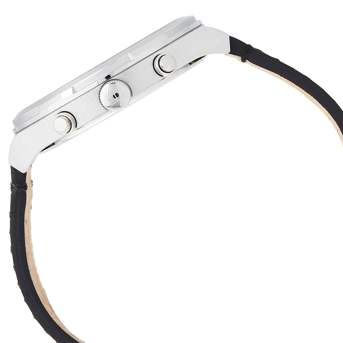 Tommy Hilfiger watch side view showing chronograph pushers, crown, and black leather strap