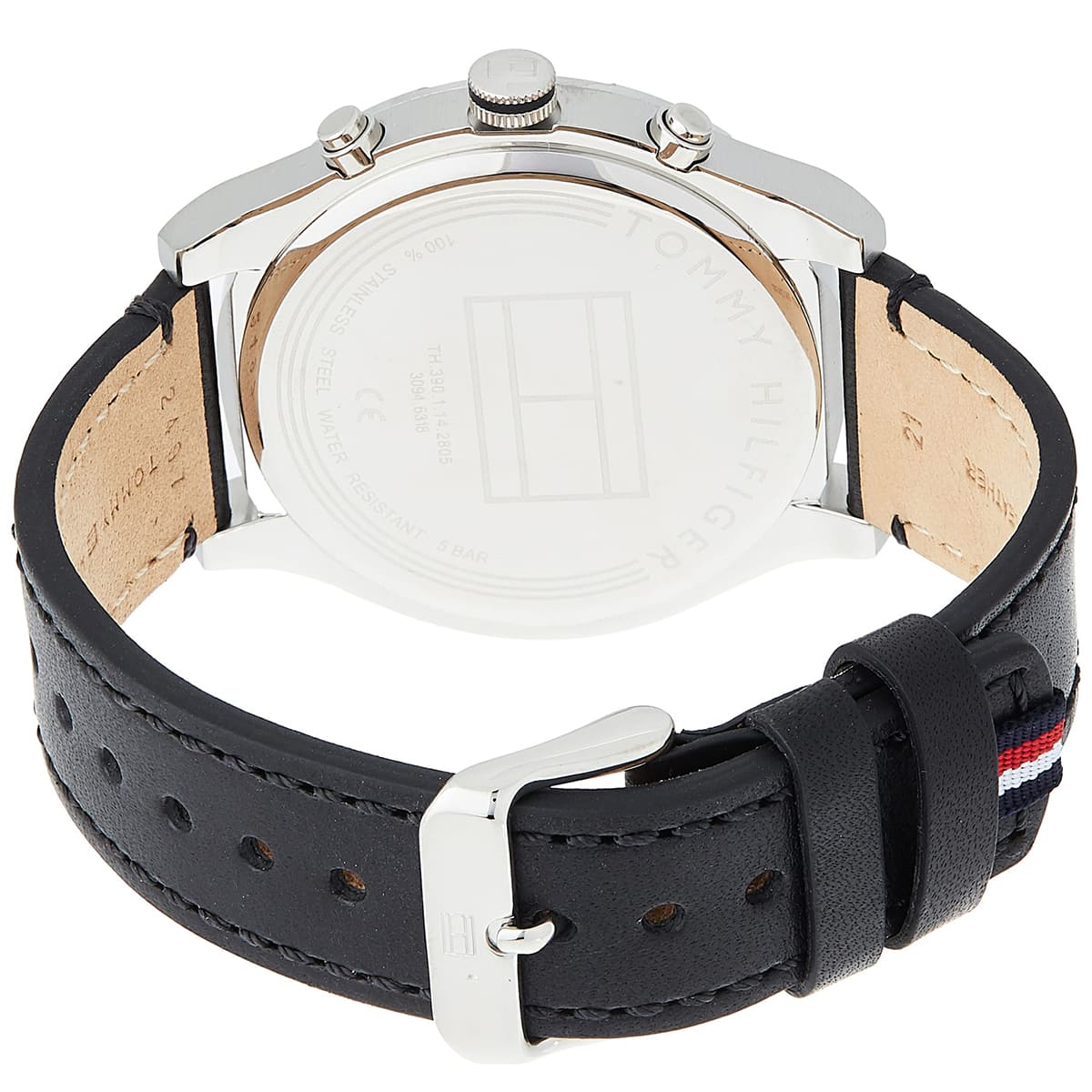 Tommy Hilfiger watch back view showing black leather strap with tan lining and stainless steel buckle