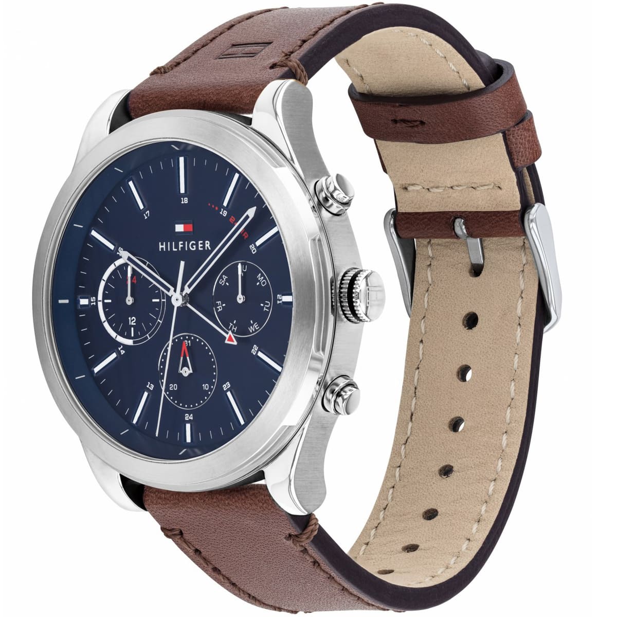 Side angle view of Tommy Hilfiger Ashton watch showing navy dial and brown leather strap