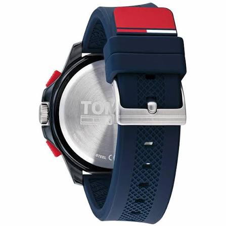 Tommy Hilfiger watch caseback showing metal case with navy and red silicone strap