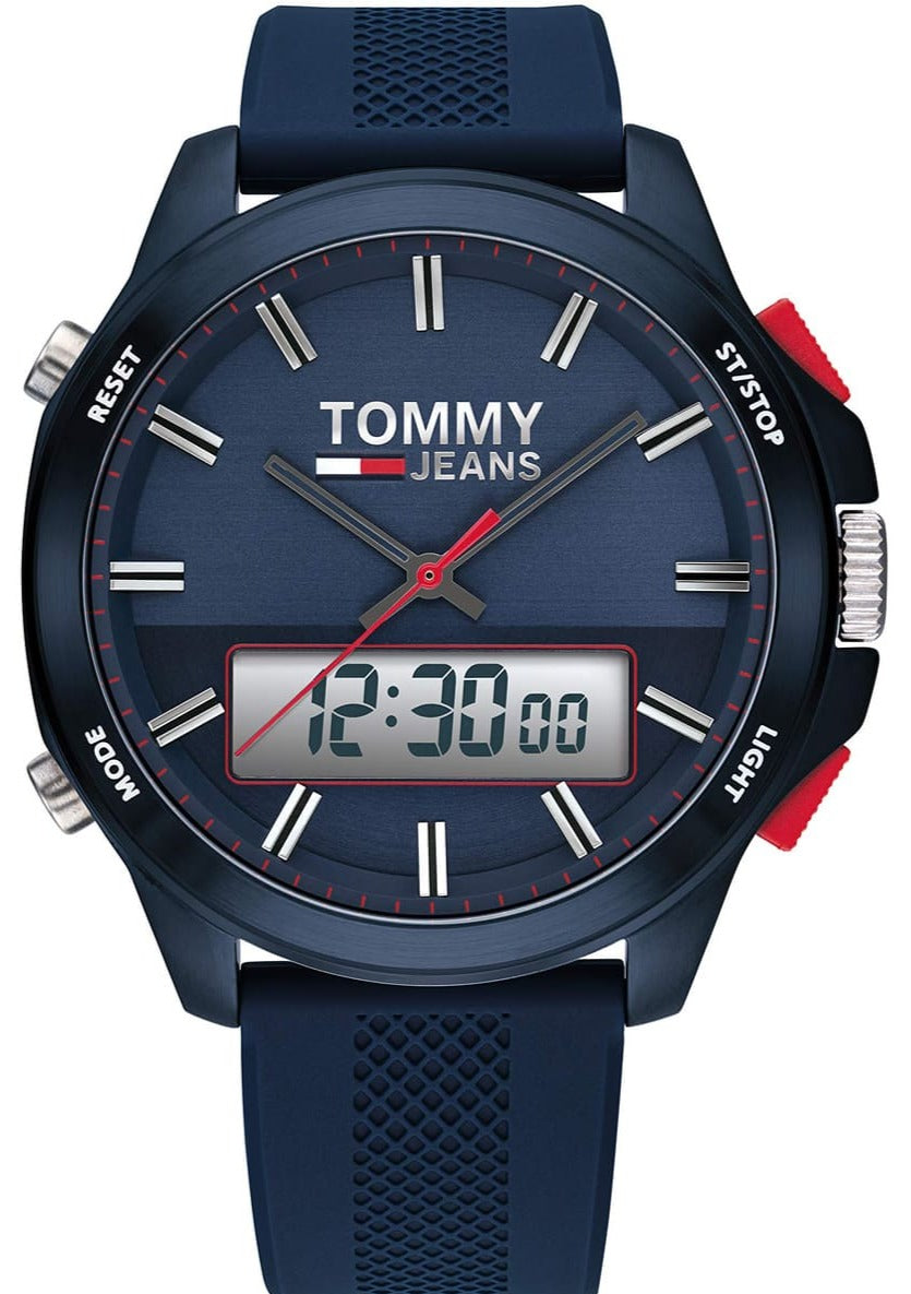 Tommy Hilfiger men's watch with blue dial, dual analog and digital display, red accents, navy silicone strap