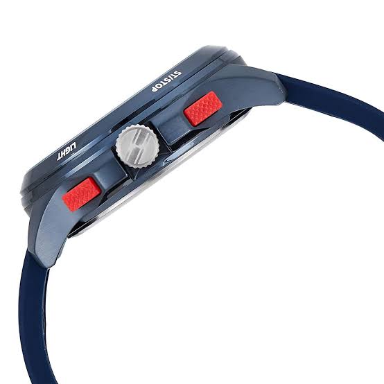 Side view of Tommy Hilfiger watch showing case profile with red and navy silicone strap