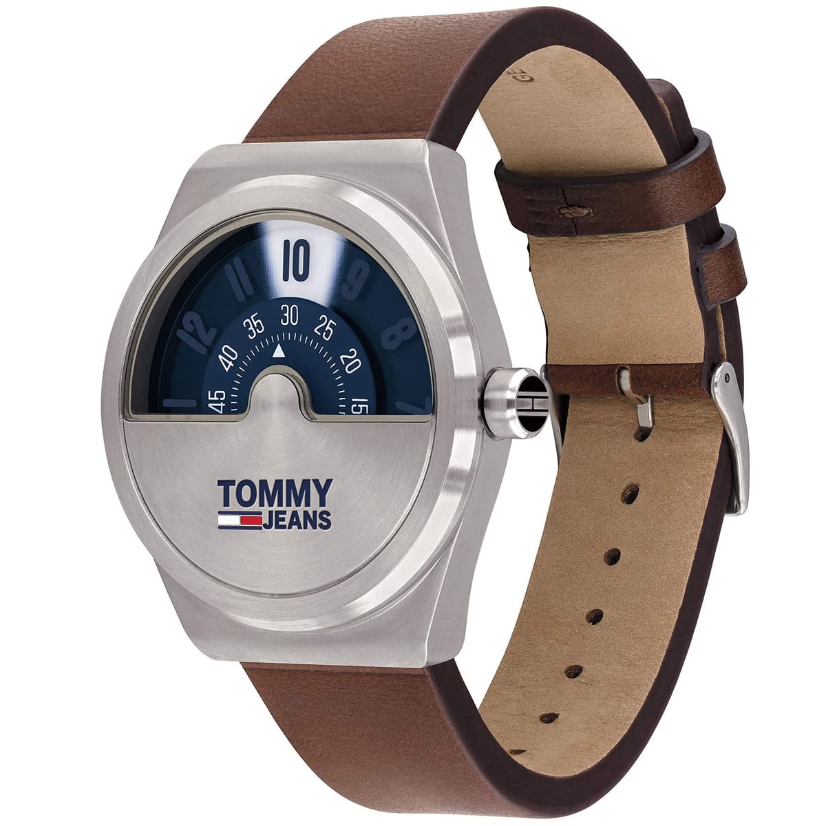Tommy Hilfiger Monogram Pop watch worn on wrist showing blue dial and brown leather strap