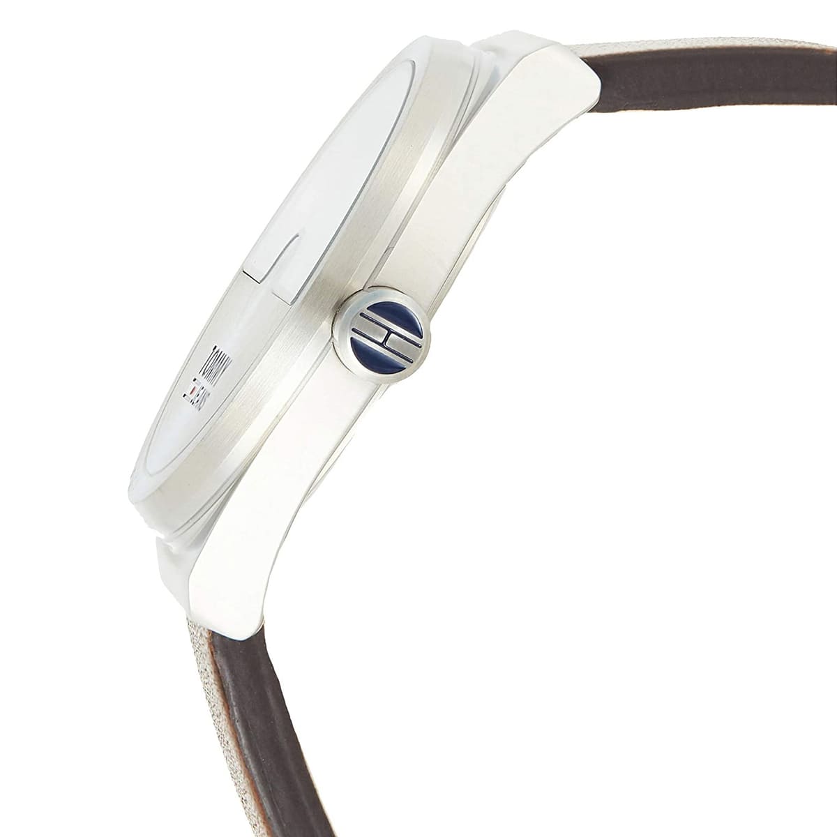 Side profile of Tommy Hilfiger Monogram Pop watch showing steel case thickness and brown strap