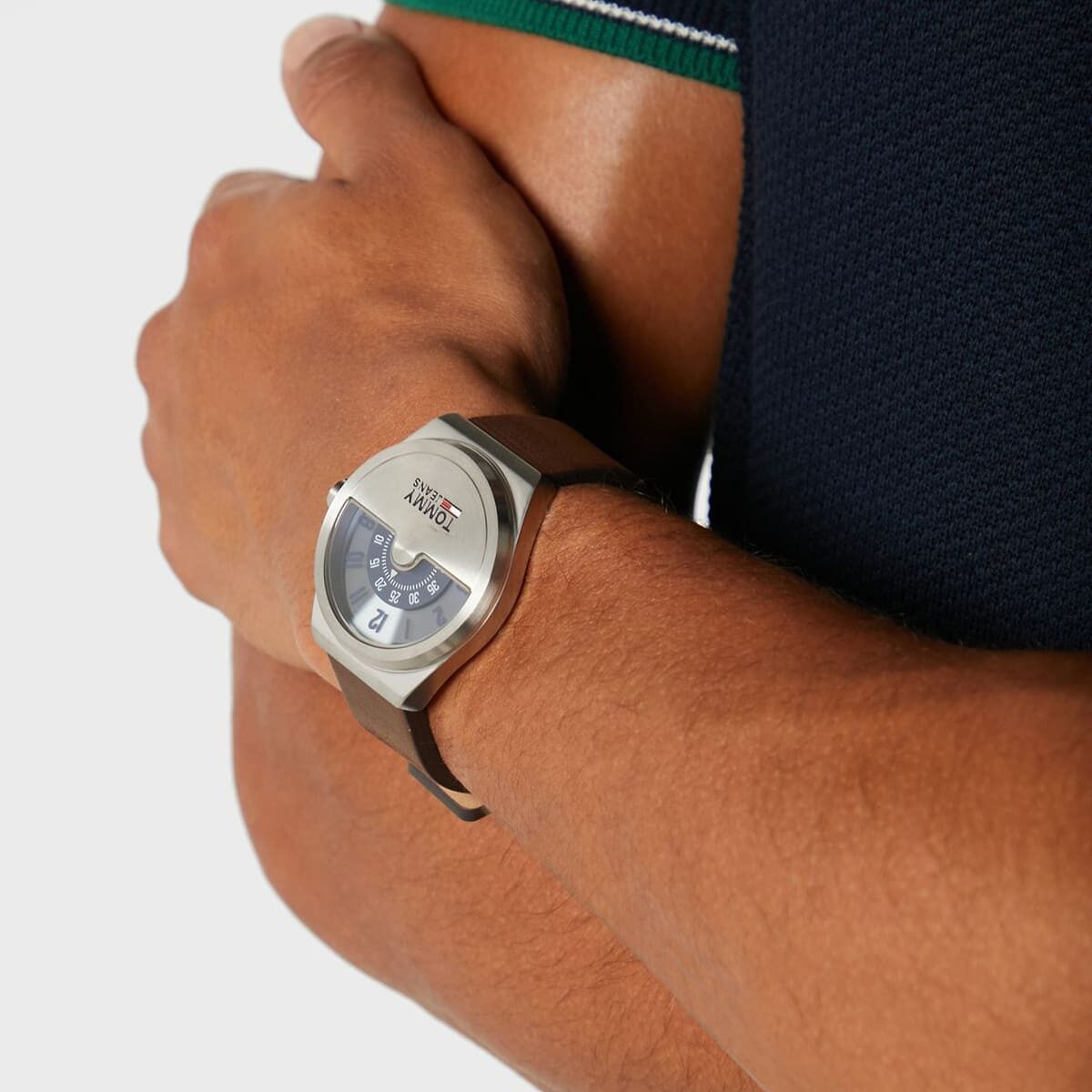 Tommy Hilfiger Monogram Pop watch on wrist showing full dial and brown leather band