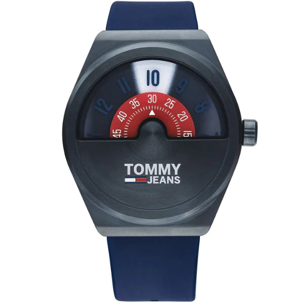 Tommy Hilfiger men's watch with red gauge dial, blue numbers, and navy rubber strap
