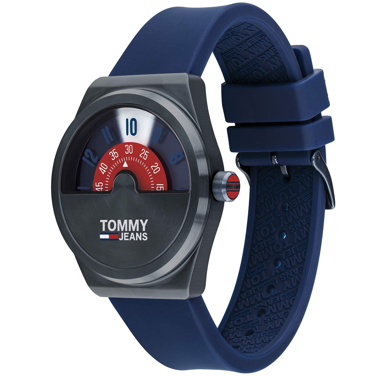 Tommy Hilfiger Monogram Pop blue men's watch worn on wrist with navy rubber strap