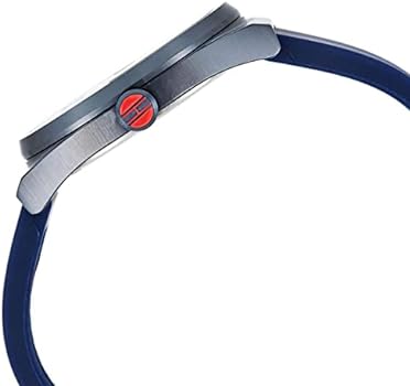 Side profile of Tommy Hilfiger watch showing gray case and navy rubber strap