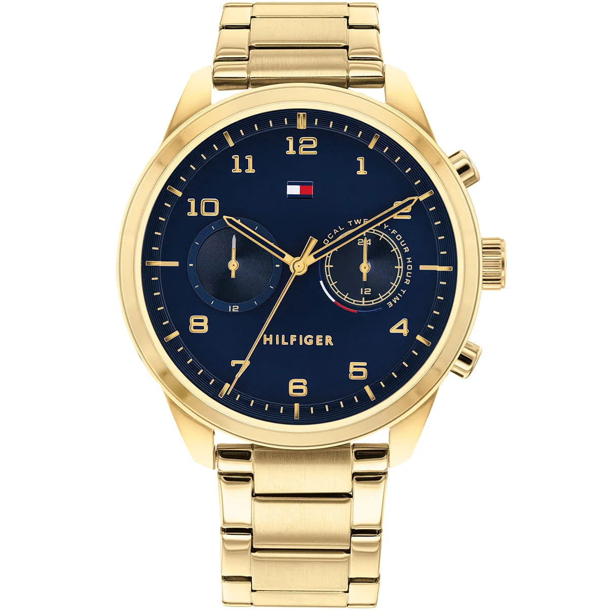 Tommy Hilfiger gold watch with blue dial and dual time subdials, gold metal bracelet
