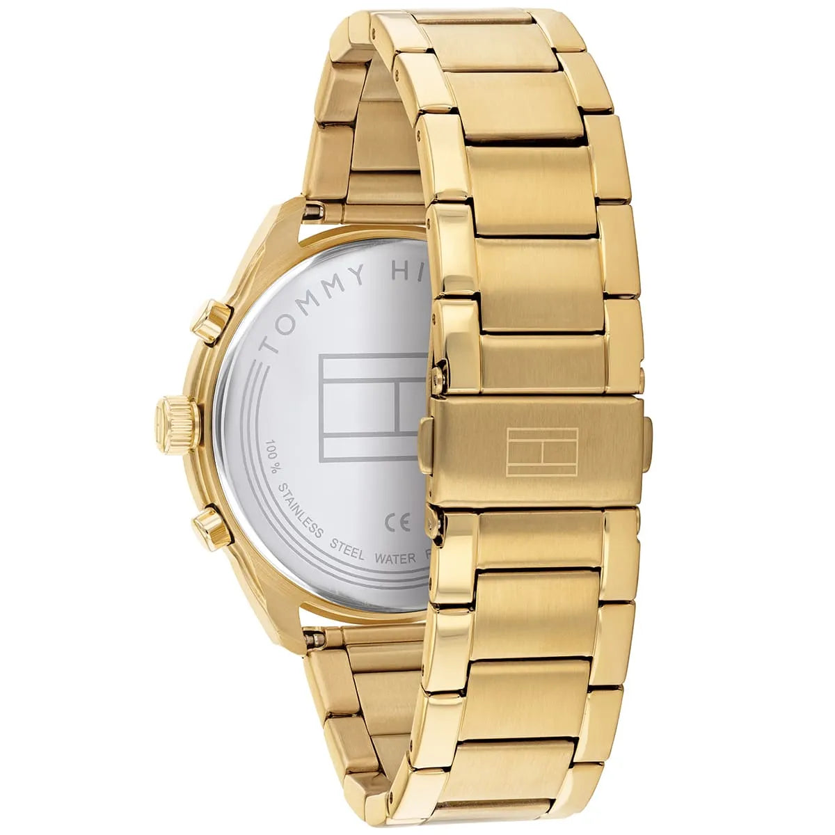 Side view of gold Tommy Hilfiger watch showing bracelet and caseback