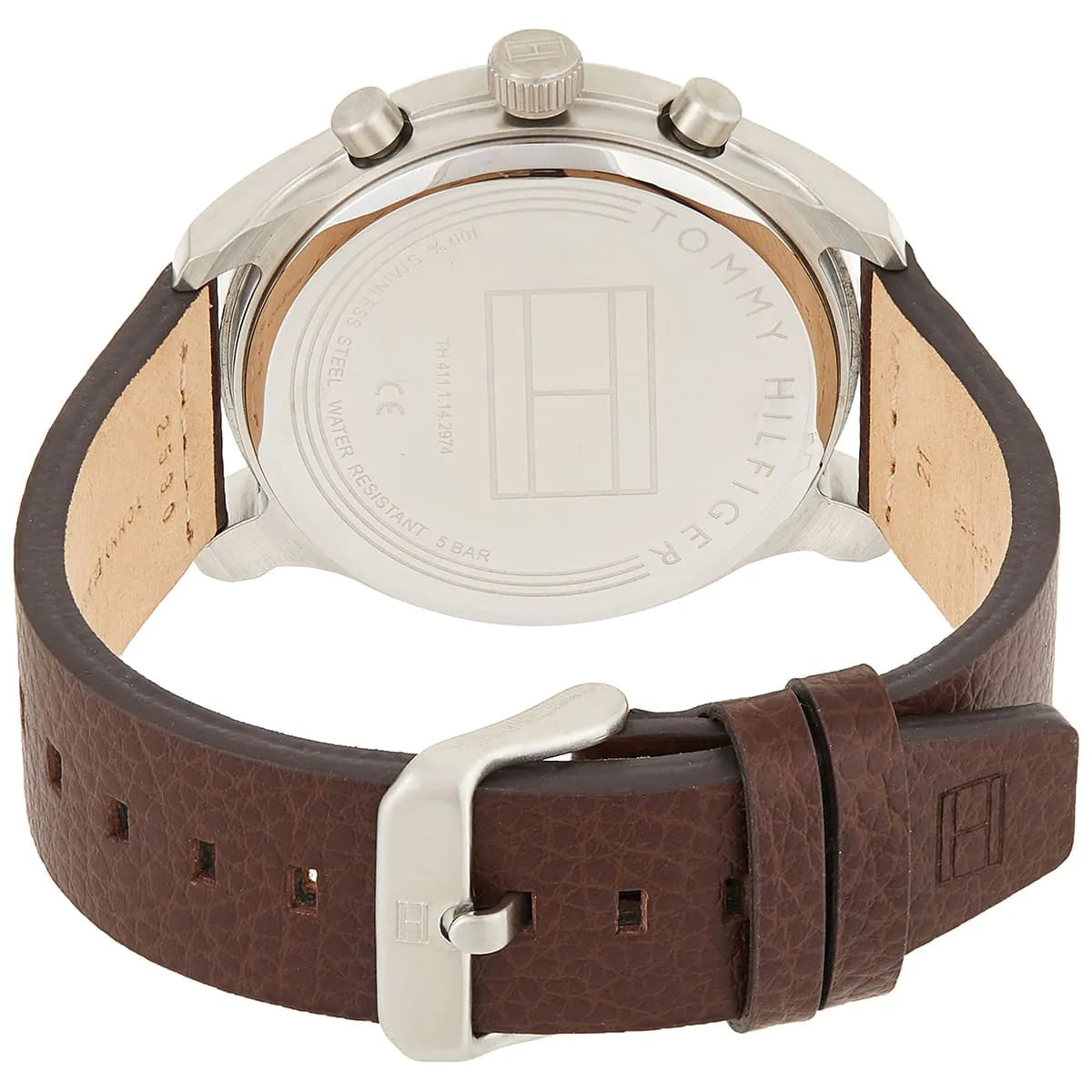 Tommy Hilfiger Patrick watch caseback showing silver steel case and brown leather strap
