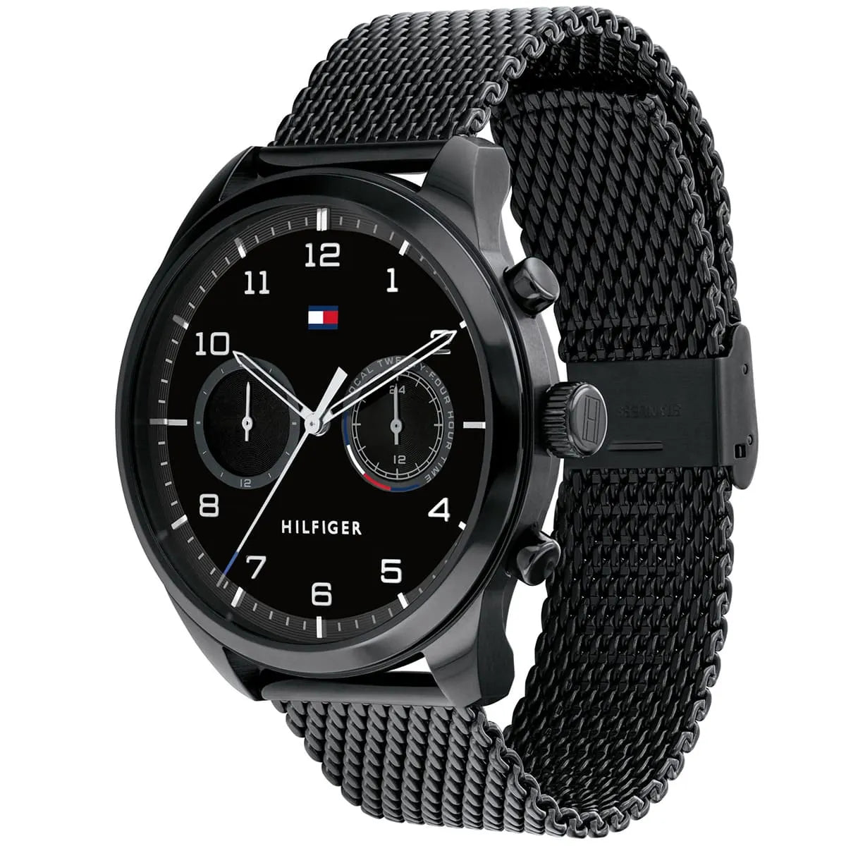 Tommy Hilfiger PATRICK 44mm watch worn on wrist with black mesh strap