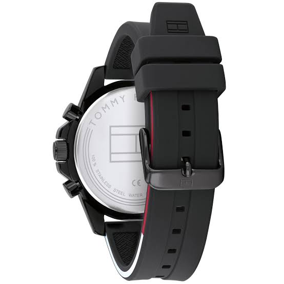 Tommy Hilfiger Mason caseback showing stainless steel with TOMMY branding and water resistance marking