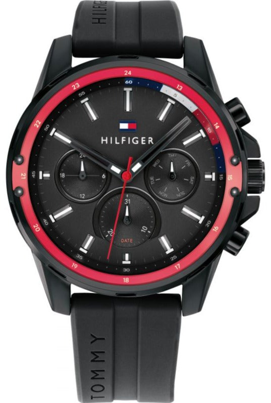 Tommy Hilfiger Mason black chronograph watch with red bezel and black silicone strap