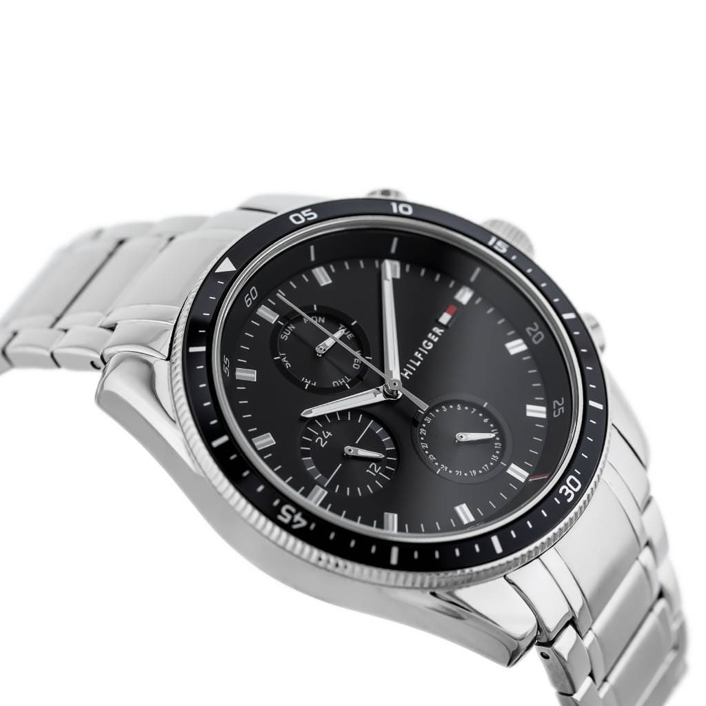 Tommy Hilfiger Parker chronograph watch with black dial and tachymeter bezel detail