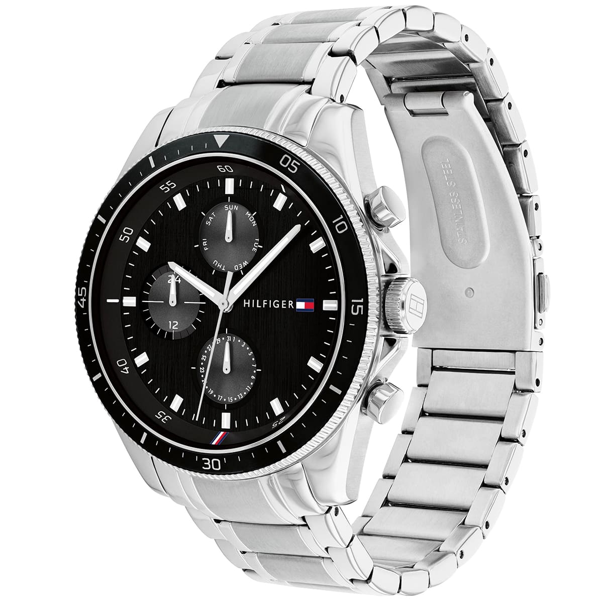 Tommy Hilfiger Parker watch showing three-quarter view with black dial and silver metal strap