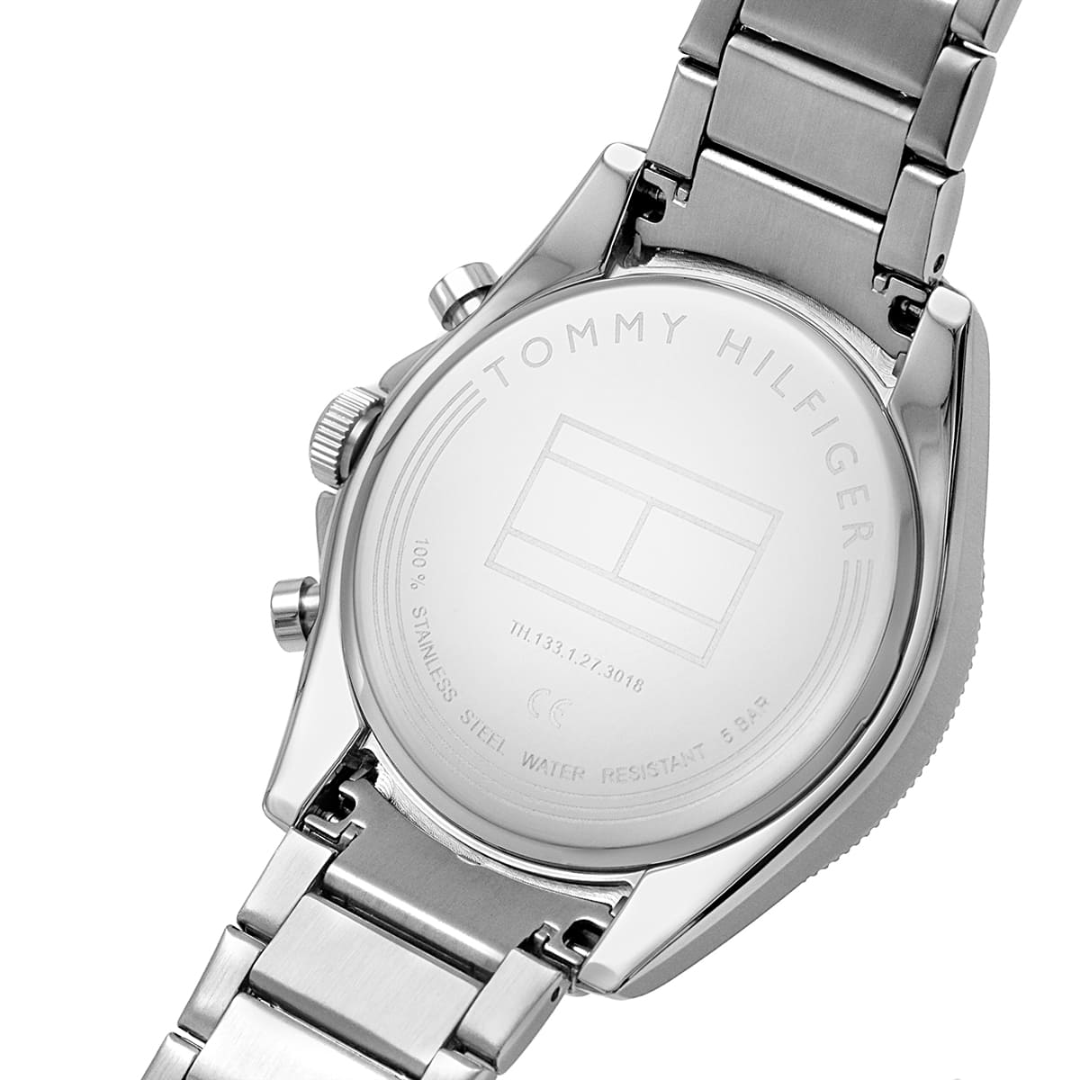 Tommy Hilfiger Parker watch caseback engraved with brand name and specifications