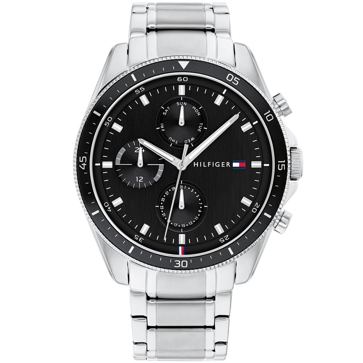 Tommy Hilfiger Parker mens watch with black dial, silver stainless steel case and bracelet