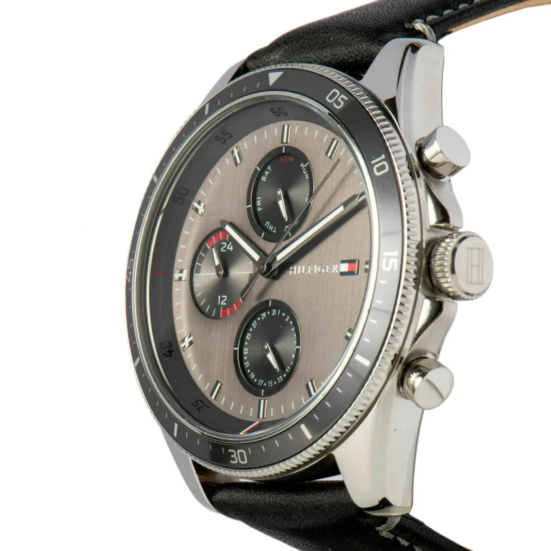 Angled view of Tommy Hilfiger Parker chronograph with grey dial and chronograph subdials