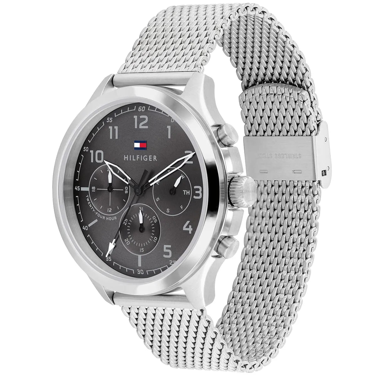 Tommy Hilfiger Asher watch at angle showing chronograph subdials and mesh band