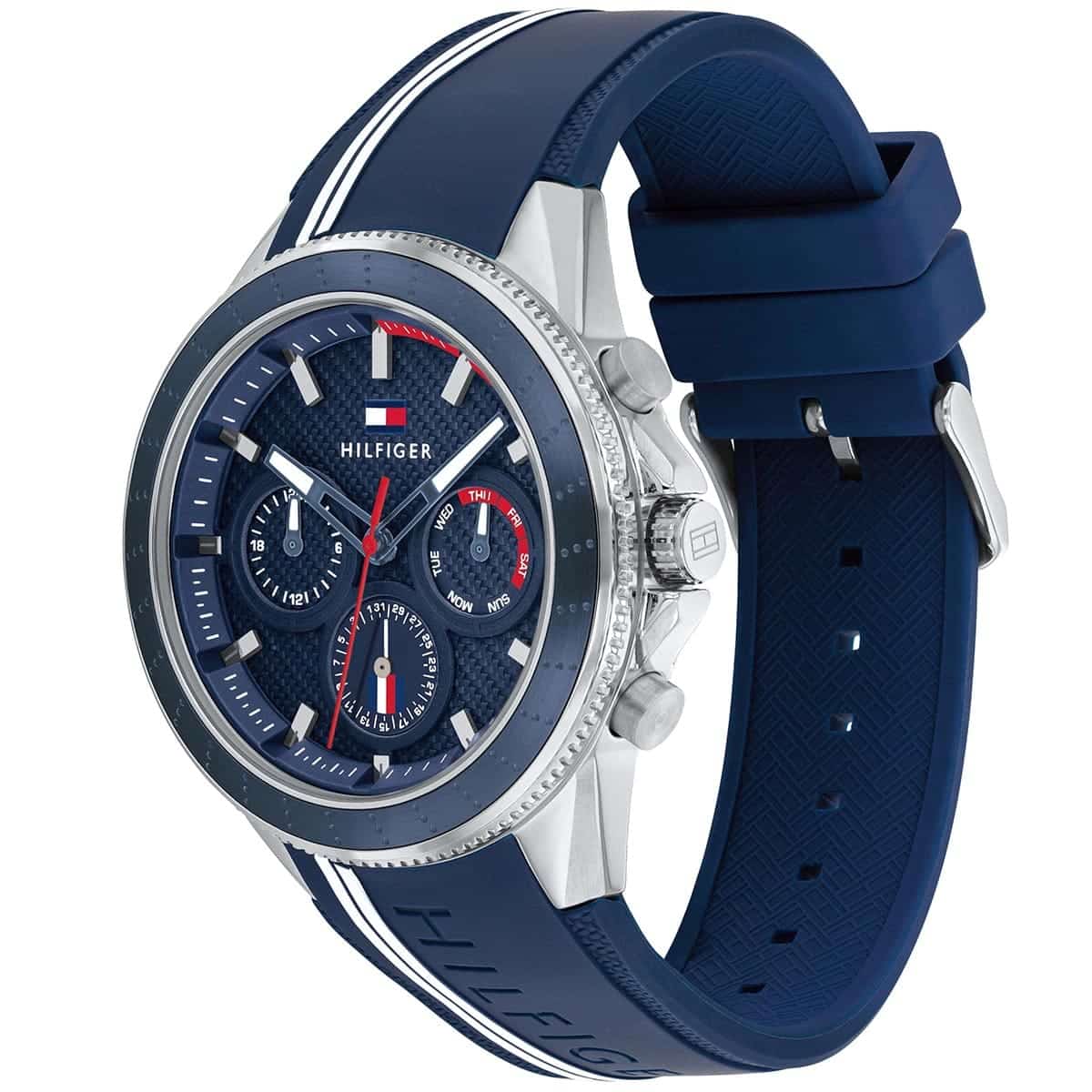 Tommy Hilfiger watch displayed at 45-degree angle showing face and blue strap with white stripes